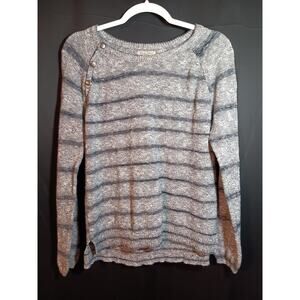 Lucky Brand Gray Black Stripe Sweater Button Accents Women’s Large